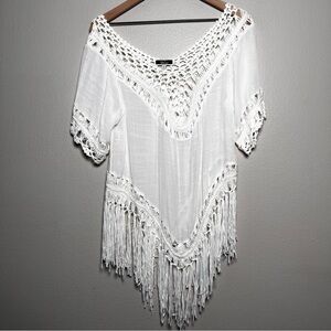 Women‎ y2k Crochet Fringe Top Small White Oversized Western Boho Cottagecore